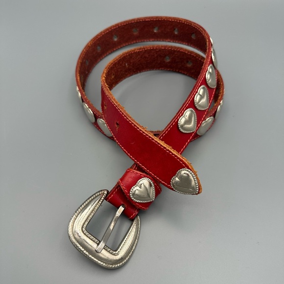 VTG Red Leather Belt with Silver Tone Heart Accents Made in Mexico 29.5”-33.5” - Picture 2 of 15